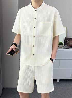欧货AN&LV/岸绿冰丝套装男夏季短袖衬衫2025新款潮流帅气休闲男装