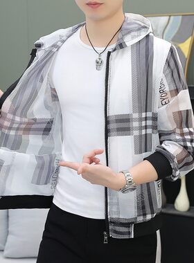 欧货AN&LV/岸绿夏季镂空网眼防晒衣男潮流条纹格印花外套冰丝凉感