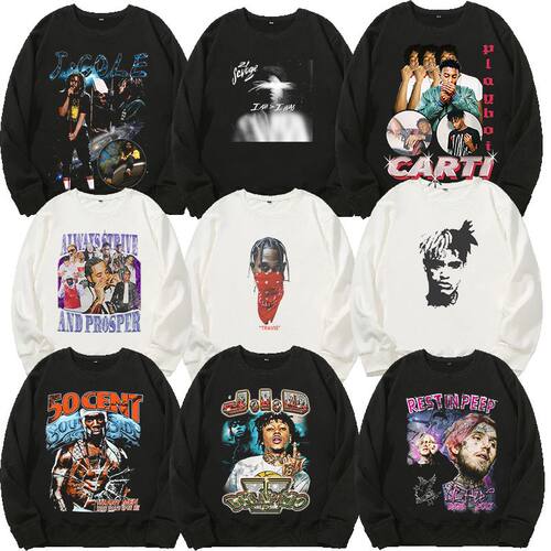 嘻哈2pac21JCOLE50cent新款travisJID宽松落肩版圆领毛圈打底卫衣