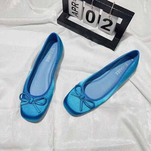 缎面平底温柔浅口蓝色芭蕾舞单鞋