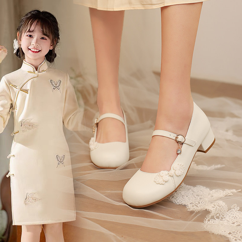 女童皮鞋白色儿童国风高跟鞋配礼服鞋旗袍汉服公主鞋大童演出单鞋