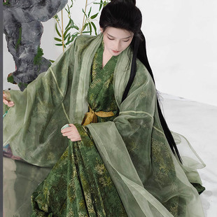 春秋季绿色汉服宋制【竹玉】竹叶印花褙子长衫裤套装男女同款