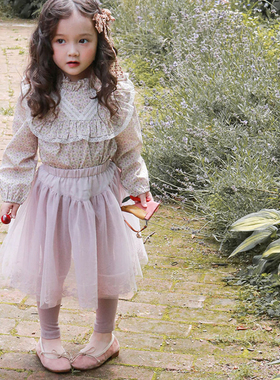 韩国进口Puell春秋女童纯棉舒适长袖花边圆领T恤碎花衬衫半身裙裤