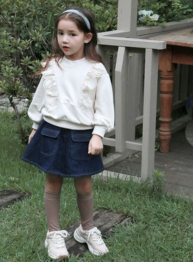 韩国进口puell春秋女童蕾丝边圆领蝙蝠长袖卫衣 花边长裤 半身裙