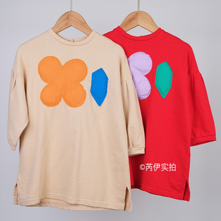 韩国进口春秋款女童全棉舒适透气四叶草粉领笑脸卫衣长袖连衣裙