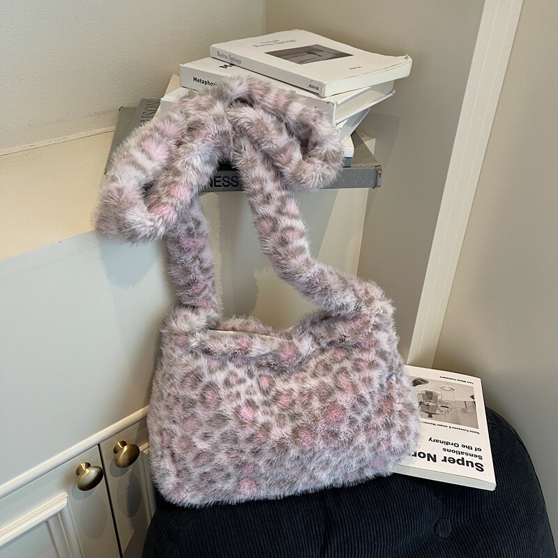 豹纹毛绒包包女2025秋冬新款百搭通勤托特包大容量单肩斜挎毛毛包