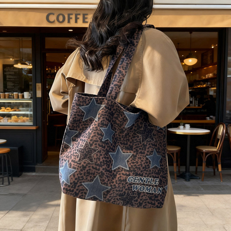 豹纹星星托特包女2025新款大容量百搭单肩包简约学生上课通勤书包