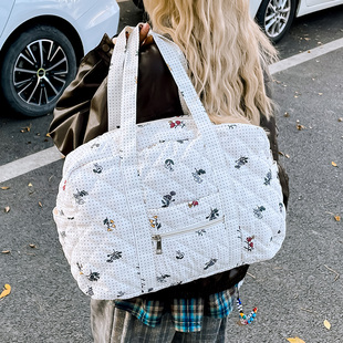 大容量短途旅行包包女2024新款时尚单肩托特包菱格可爱杂物收纳包