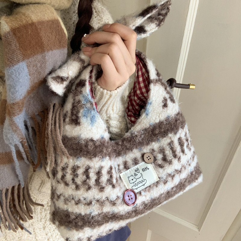 费尔岛羊羔毛条纹托特包女2026新款潮大容量毛绒单肩包甜美斜挎包