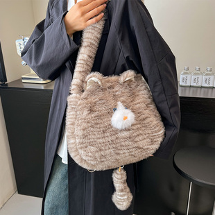 可爱毛绒猫咪斜挎包2024新款少女软萌毛茸茸大容量单肩包双肩包包