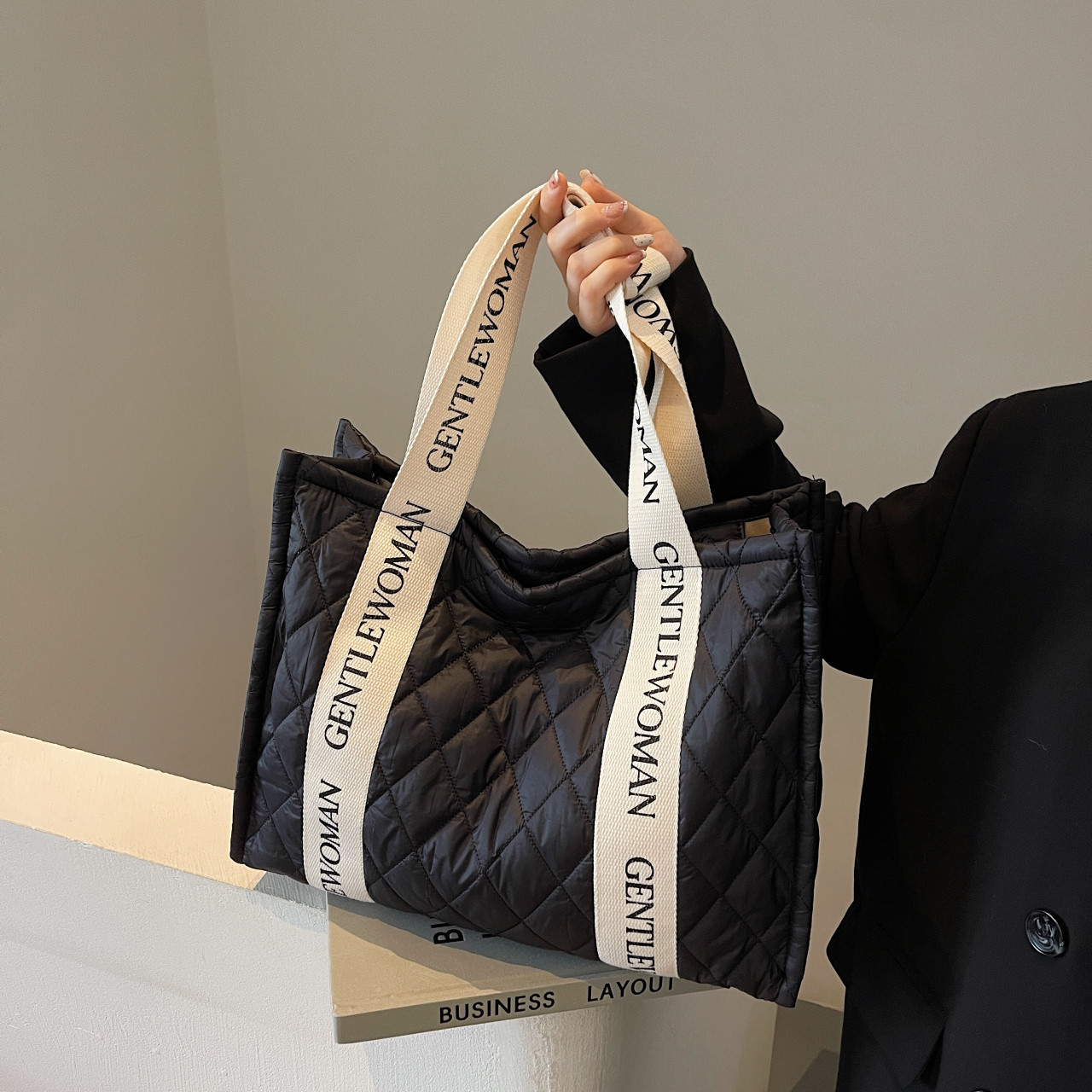 菱格帆布手提包通勤单肩托特大包