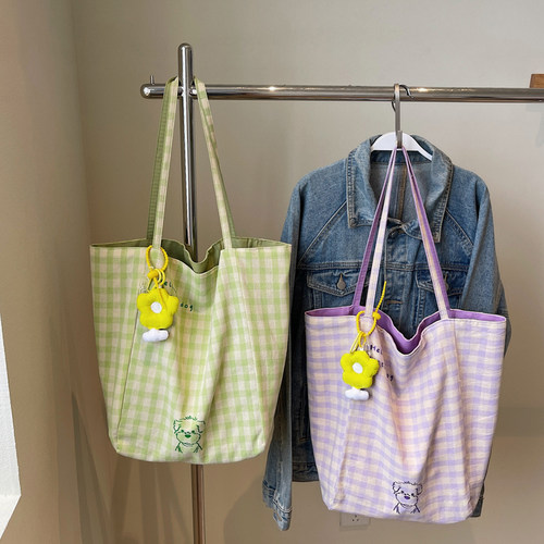 通勤托特包慵懒风格子休闲单肩包