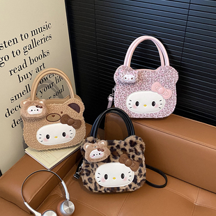 新款卡通可爱甜美小猫斜挎包豹纹毛茸茸高颜值轻奢高级感单肩小包
