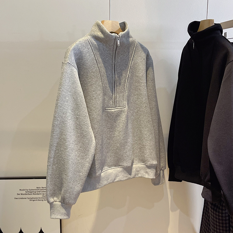 加绒半拉链立领拼接卫衣女韩系洋气小众设计感半高领纯色防风外套