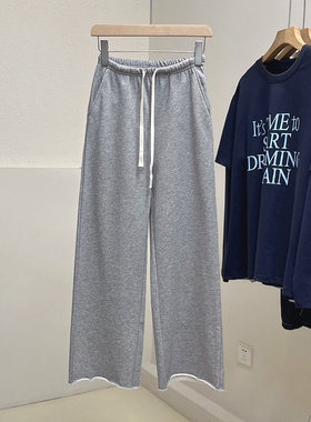 卷边九分裤~韩版抽绳松紧高腰休闲裤秋宽松慵懒风毛圈卫裤阔腿裤
