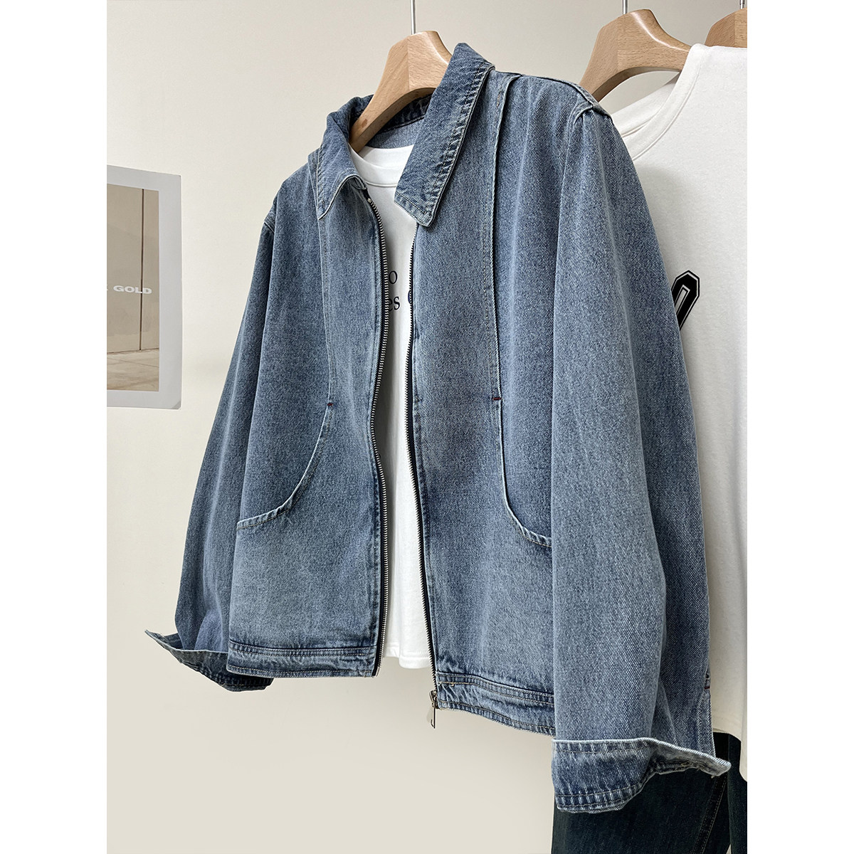 韩版复古翻领拉链牛仔外套女春季新款休闲翻领开衫外搭上衣夹克