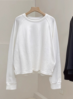 高克重棉质短款圆领卫衣女秋季新款插肩袖宽松纯色长袖T恤上衣