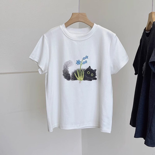 水墨猫咪刺绣印花正肩显瘦短袖T恤女夏季新款圆领宽松休闲短上衣