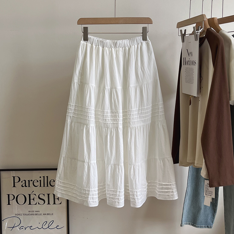 PP家 盐系松紧腰中长款白色半身裙百搭纯棉裙子A字小个子蛋糕裙