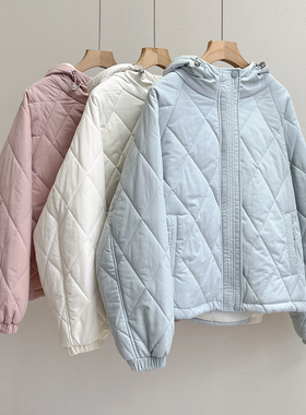 韩版连帽菱格绗缝棉服女冬季新款保暖小个子简约短款棉衣外套