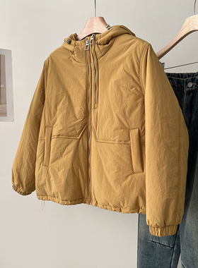 韩版复古加连帽领短款棉服外套女冬小个子夹棉加厚冲锋衣夹克上衣