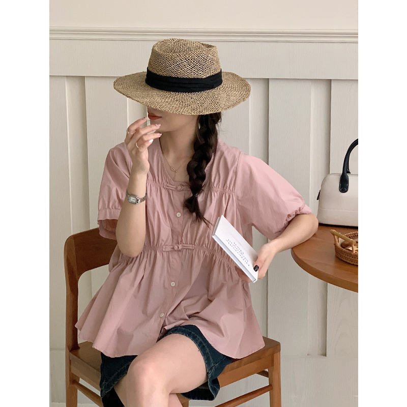 韩版宽松显瘦盘扣短袖衬衫女夏季新款百搭上衣单排扣纯棉衬衣