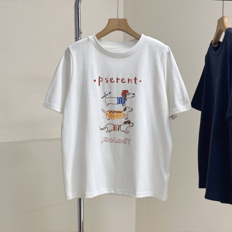 双纱棉卡通腊肠狗印花圆领t恤女春夏新款韩系百搭显瘦短袖上衣