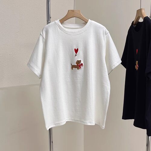 重工刺绣前后小狗爱心磨毛短袖T恤女春夏新款宽松显瘦圆领打底衫
