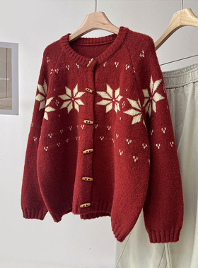 复古费尔岛雪花提花羊毛牛角扣针织开衫女秋冬新年红色毛衣外套