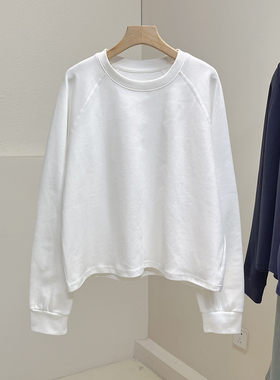 韩版简约插肩袖圆领短款长袖卫衣女宽松百搭纯色上衣长袖T短外套