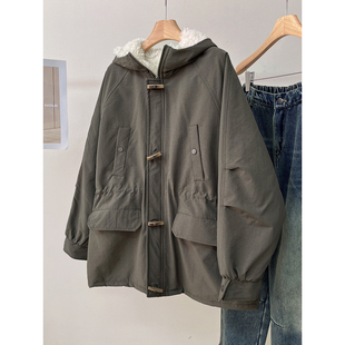 保暖连帽收腰牛角扣棉服外套女冬内里仿羊羔毛棉衣派克服厚上衣