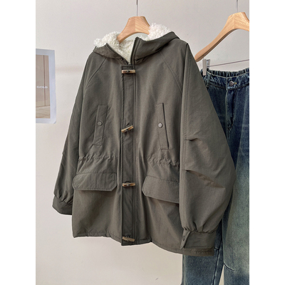 保暖连帽收腰牛角扣棉服外套女冬内里仿羊羔毛棉衣派克服厚上衣