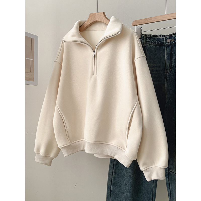 慵懒风~显瘦半拉链可翻小立领加绒加厚卫衣女bf秋冬宽松休闲外套