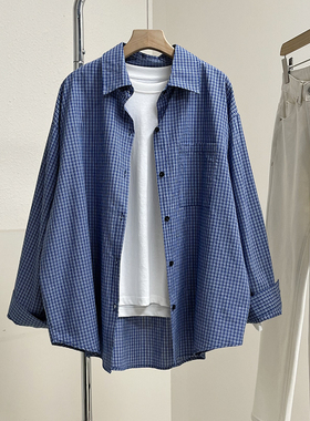 蓝色小格子休闲慵懒风长袖衬衫女春夏新款韩版显瘦宽松上衣外套