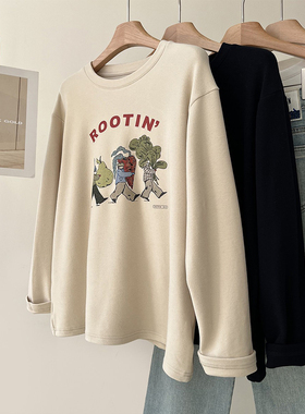 双面澳绒磨毛加厚印花百搭长袖T恤女秋冬圆领宽松上衣慵懒打底衫