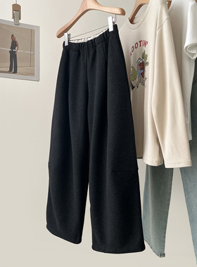 韩版复古捏褶加绒加厚醋酸羊毛休闲裤女百搭垂感直筒阔腿裤长裤