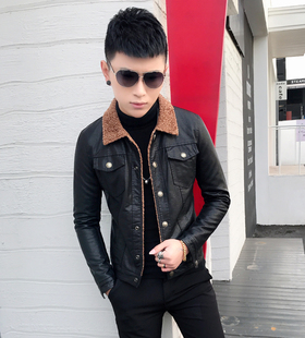 机车皮夹克韩版 皮衣青年潮男修身 痞帅休闲翻领皮外套 加绒男士 冬季