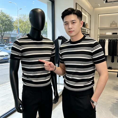 男士冰丝透气条纹短袖针织衫