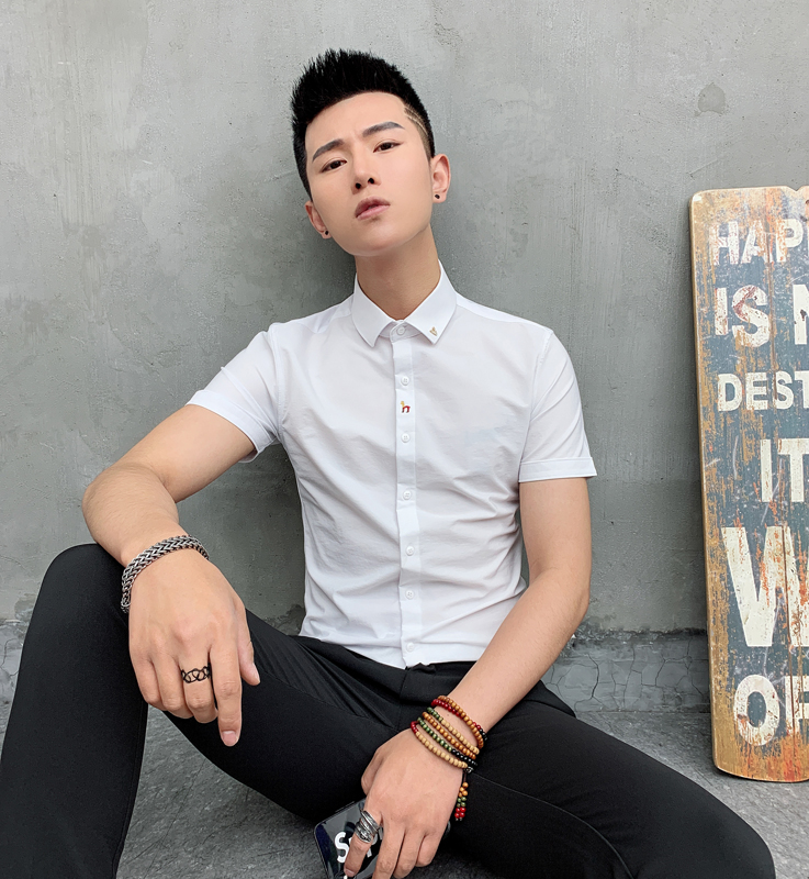 发型师白色韩版修身夜场半袖衬衣