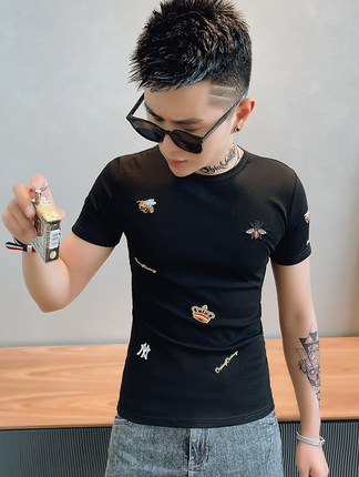 小码夏季新款短袖T恤男网红半袖潮牌修身衣服精神小伙刺绣休闲t恤