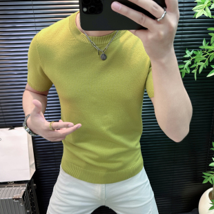 轻奢针织短袖 高端毛衣半截袖 上衣轻熟风男装 时尚 纯色修身 欧货男士