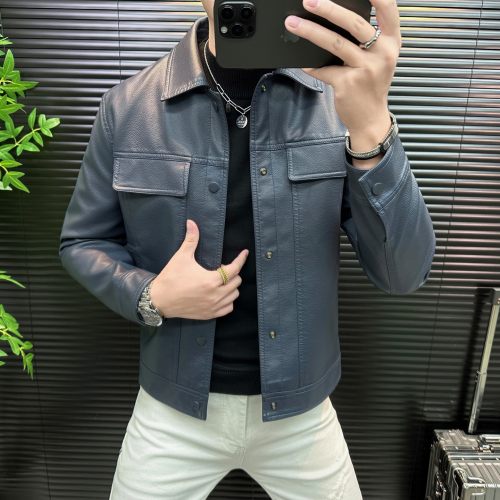 高端男士翻领机车皮夹克修身外套