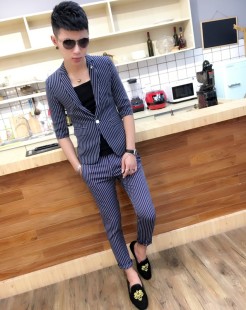 夏季修身工作服中袖西服套装男酒吧夜店七分袖小西装条纹潮流工装