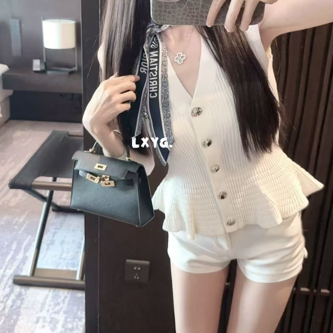 送丝巾LXYG无袖背心夏季新款高级感V领小香风荷叶边冰丝针织开衫
