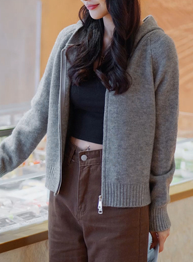 BM针织衫极简风灰色连帽双拉链针织衫短款上衣长袖针织开衫外套女