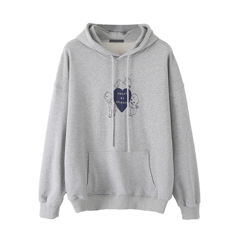 美式复古卫衣女春秋款爱心天使印花bm风宽松oversize灰色卫衣外套