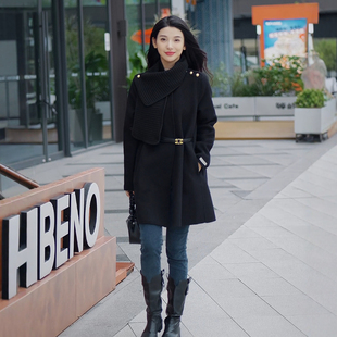 设计感围巾领双面呢大衣女中长款 小个子高端气质收腰羊毛呢外套女