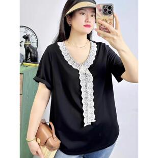 宽松大码女装T恤女2025夏季新款胖mm高级感蕾丝蝴蝶结上衣女56119