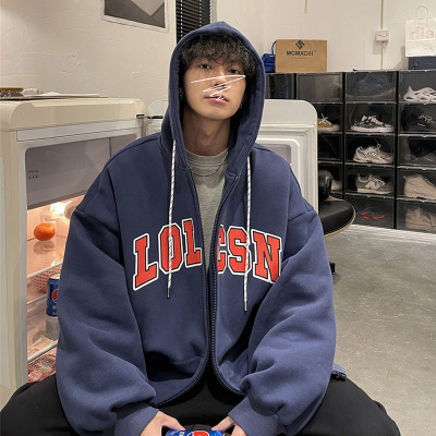 美式复古拉链开衫外套卫衣连帽潮