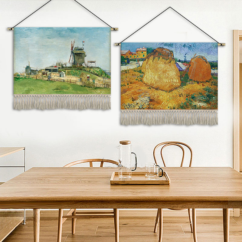梵高风景油画挂画布艺卧室餐厅装饰画酒店民宿背景墙挂画卧室挂毯图片